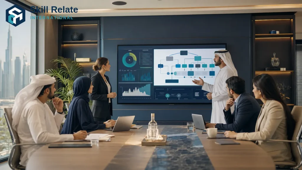 AI readiness assessment UAE – a diverse UAE leadership team reviewing an AI readiness dashboard and workflow map in a modern boardroom, with human-centred decision making as the focus
