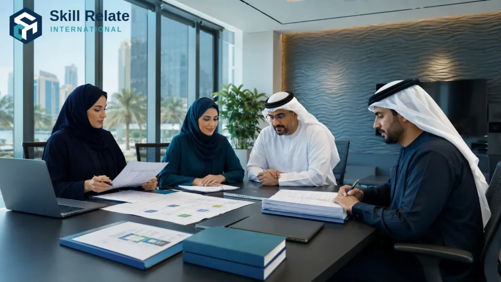 CAA programme accreditation documentation – UAE higher education quality assurance professionals reviewing an organised programme accreditation submission with curriculum maps and evidence files in a contemporary university meeting room