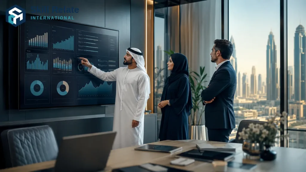 professional services pricing strategy UAE – UAE professional services leaders comparing service packages, customer value and margin scenarios on a large analytical display in a premium business setting