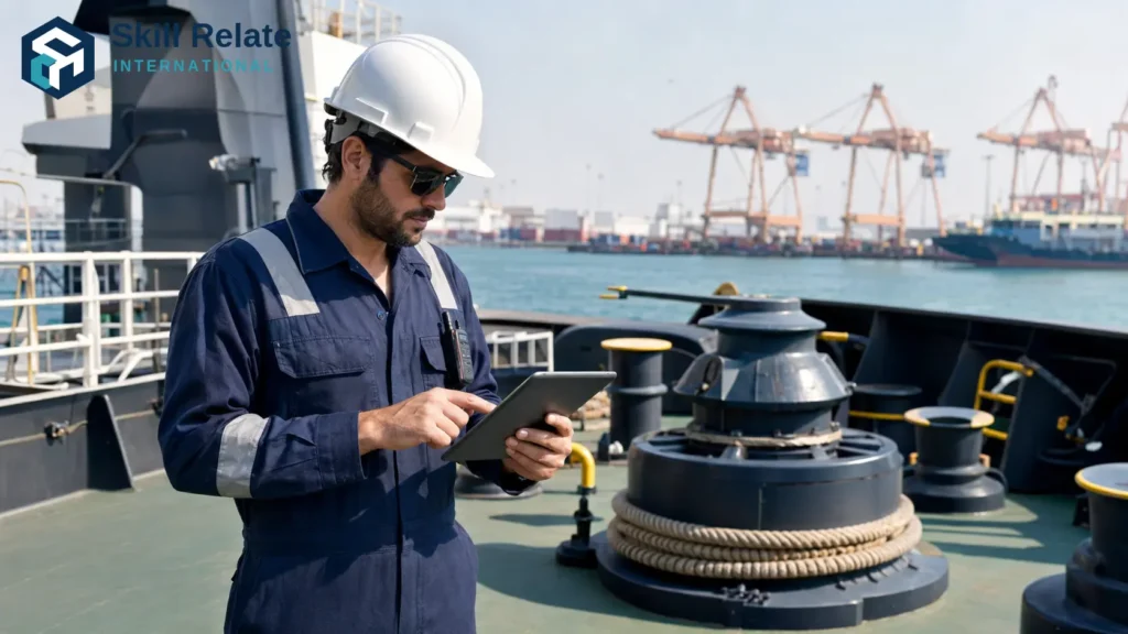 on-hire off-hire vessel survey UAE – a marine surveyor in safety equipment conducting an on-hire vessel condition survey on the deck of a commercial ship at a UAE port