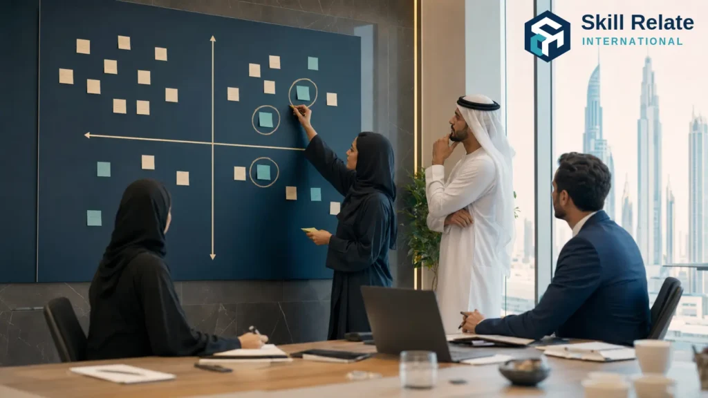 AI use case prioritisation – a strategy team sorting AI use cases on a large value-versus-feasibility portfolio board, with a small number of clear priority pilots highlighted