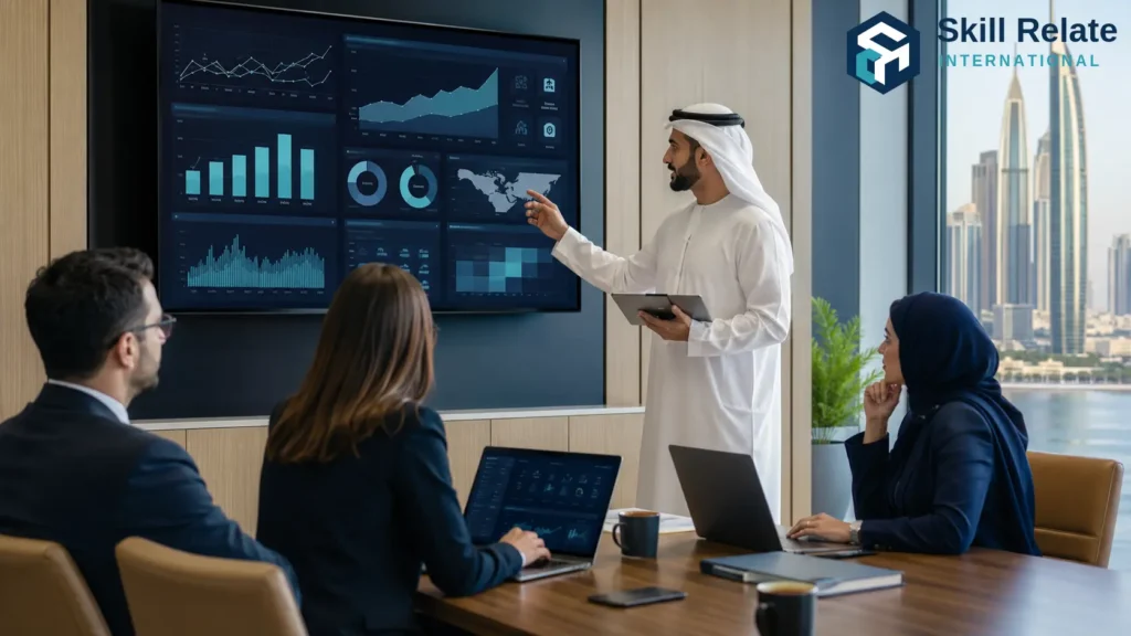 university programme feasibility study UAE – university strategy leaders reviewing programme demand, competitor benchmarking and enrolment scenarios on a modern planning dashboard in the UAE