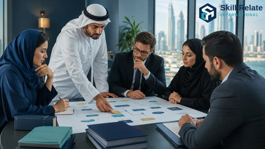 SOP development consultancy UAE – an operations team mapping a real business process and converting it into a clear standard operating procedure with decision points and controlled documents