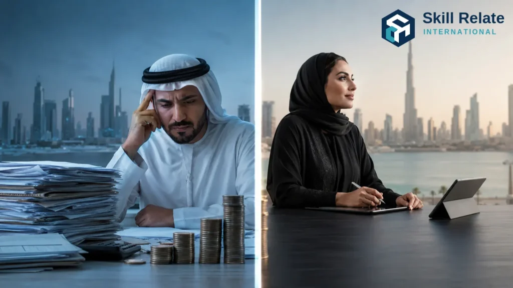 cost plus vs value based pricing – a sophisticated split-scene business visual comparing cost build-up on one side with customer value and outcomes on the other, in a UAE professional services context