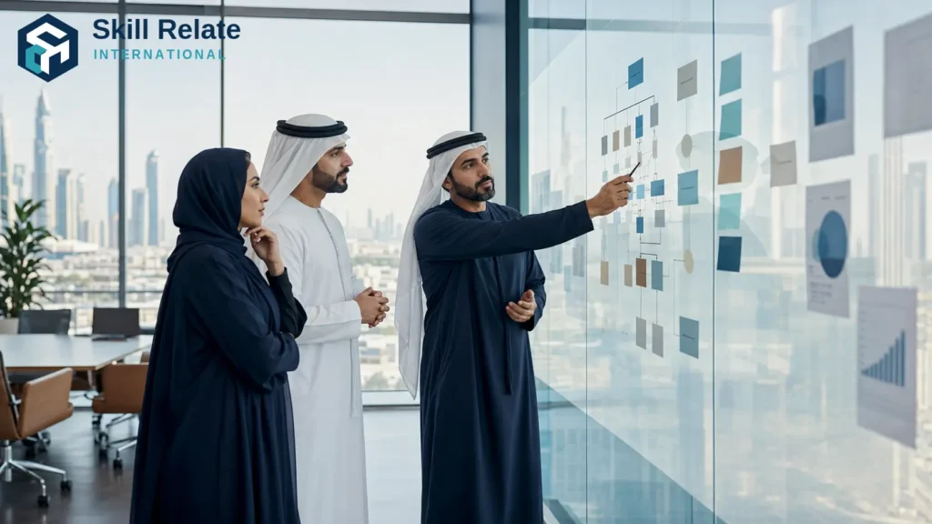 organisation design consultancy UAE – UAE executives reviewing an organisation structure and redesigned operating model on a transparent planning wall